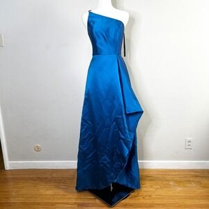 Alfred Sung D831 Classic Blue One Shoulder High Low Satin Size 4 Formal Dress